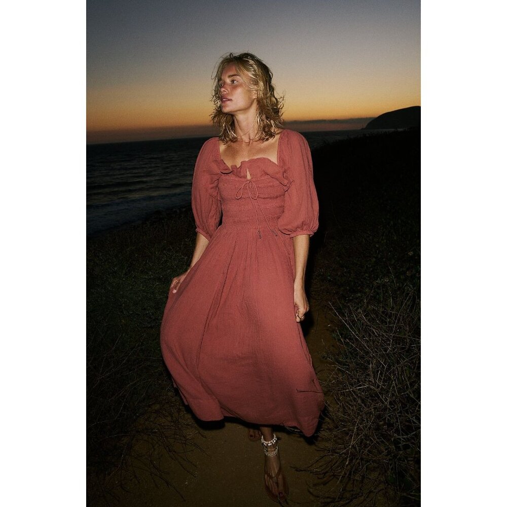 Free People Rust Red Midi Maxi Dress with Puff Sleeves